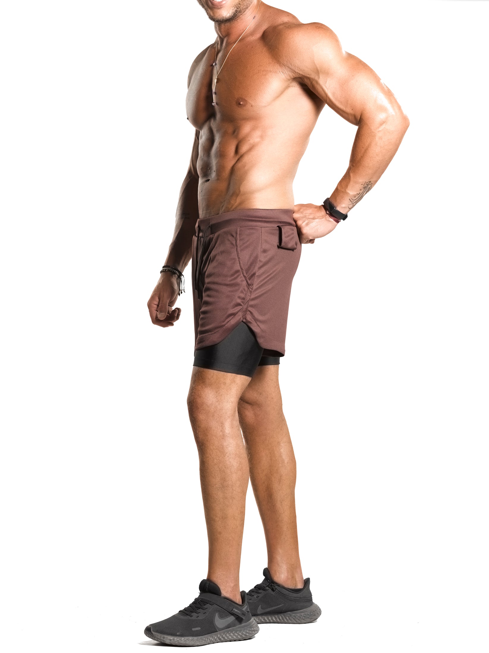 2 in 1 Functional Training Shorts [Brown/Black] - Shorts - Gym Apparel Egypt